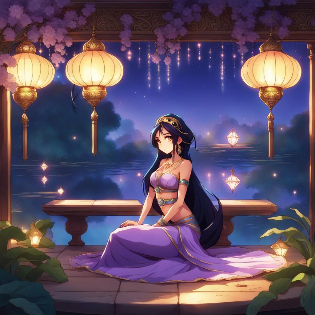 Arabian Princess with Peacock Bench, Anime Style