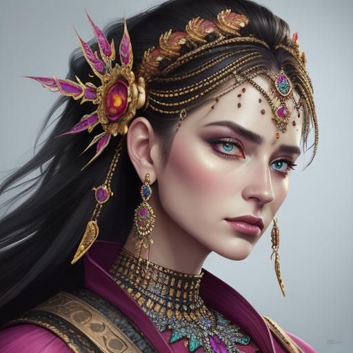 Ornate Woman with Heterochromia: Digital Portrait