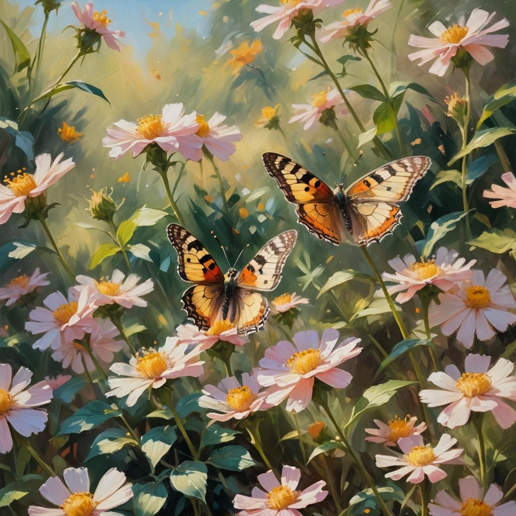 Butterfly on Flower as Impressionist Oil Painting