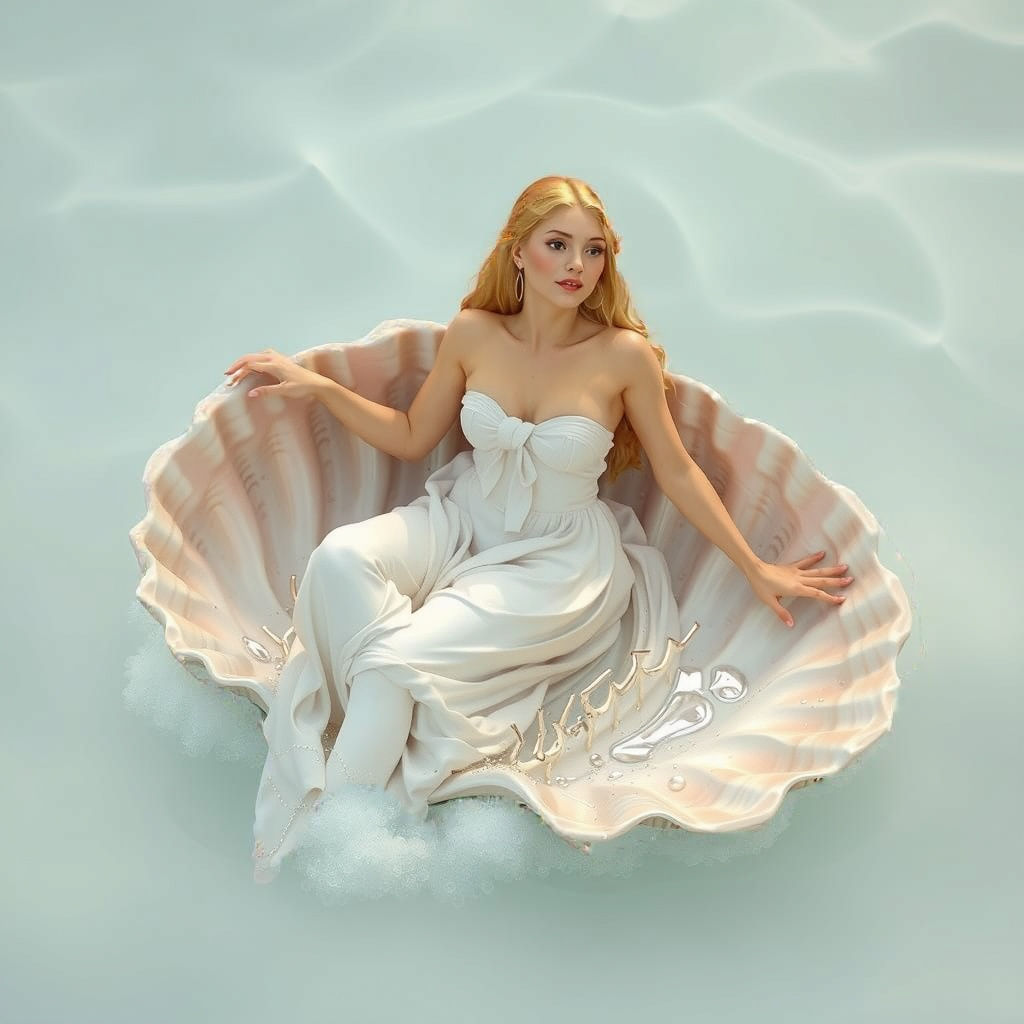 Venus on Seashell in White Foamy Sea