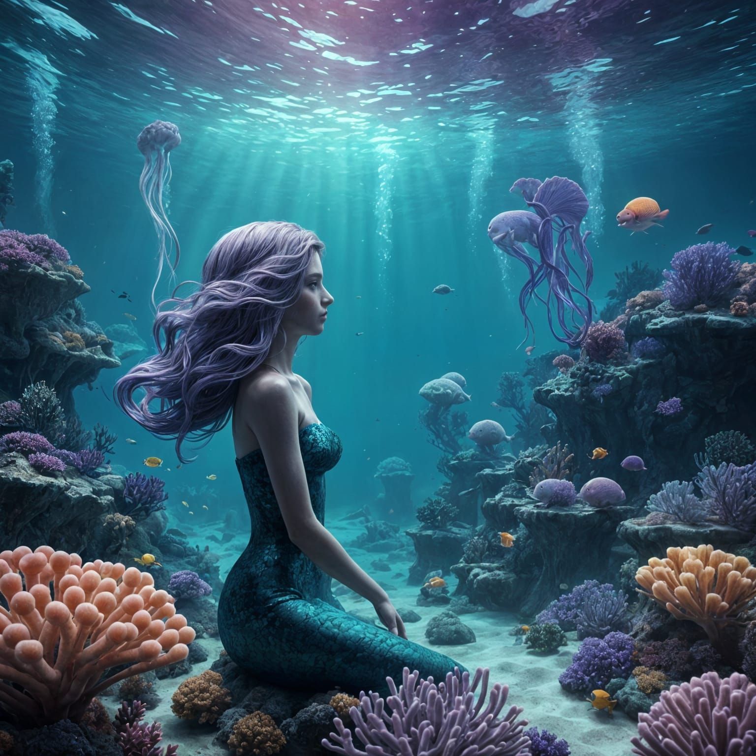 Mermaid in Surreal Underwater Fantasy Landscape