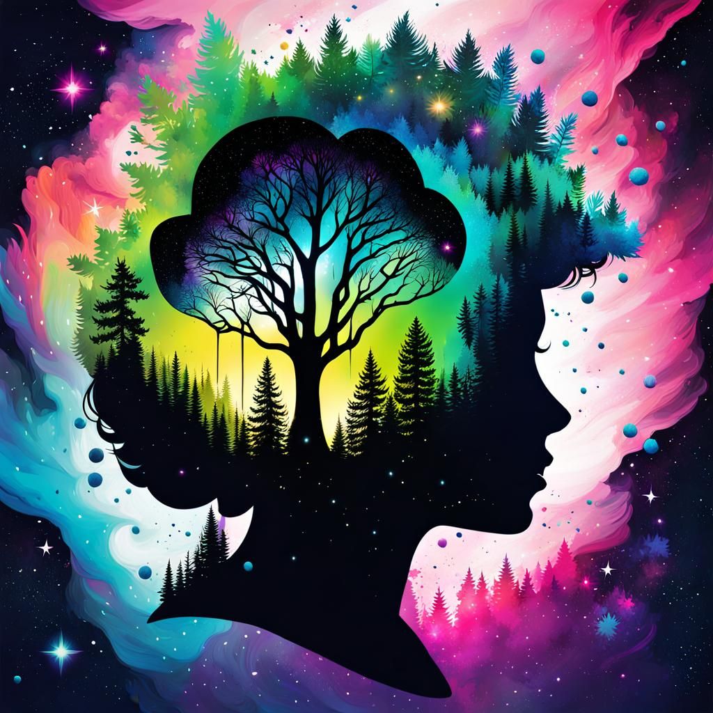 Neon Vector Art: Spring Forest and Galaxy Double Exposure