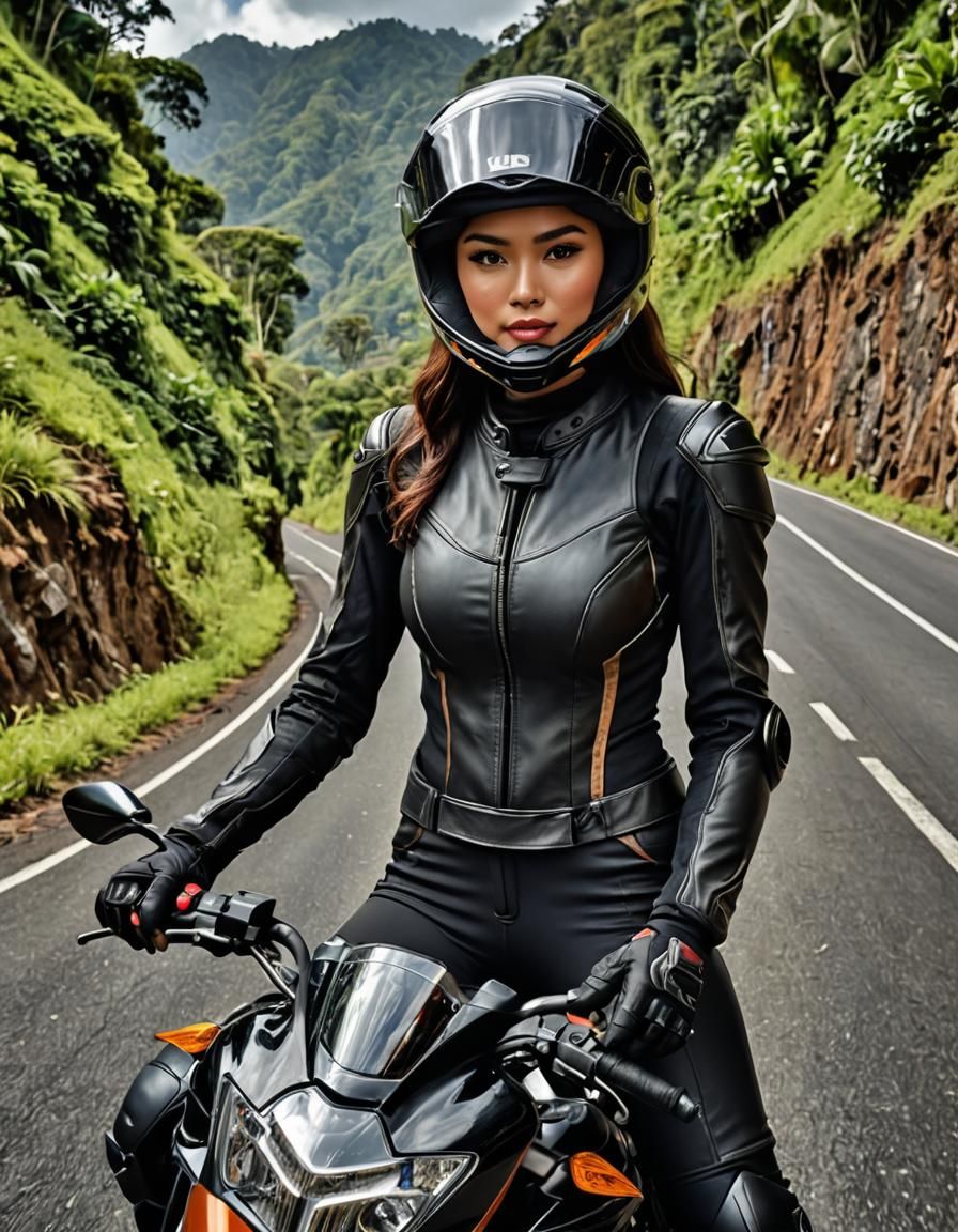 Indonesian Woman on Motorcycle on Tropical Road