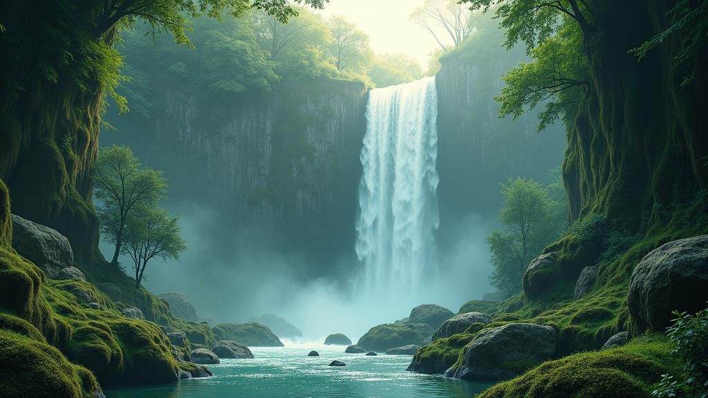 Ethereal Waterfall Scene in Dreamy Light