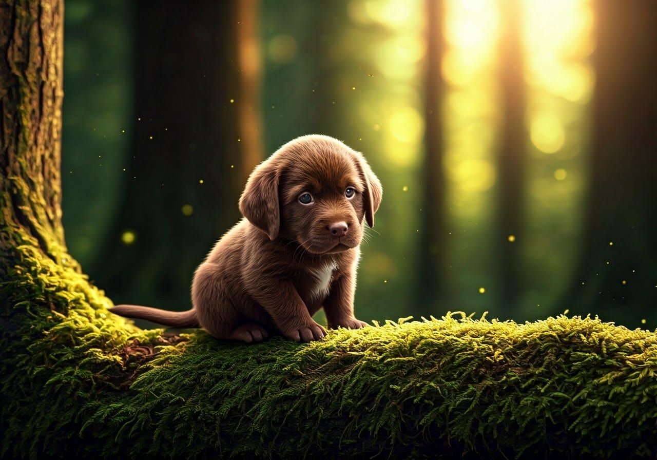 Enchanted Forest Puppy with Vibrant Plumage