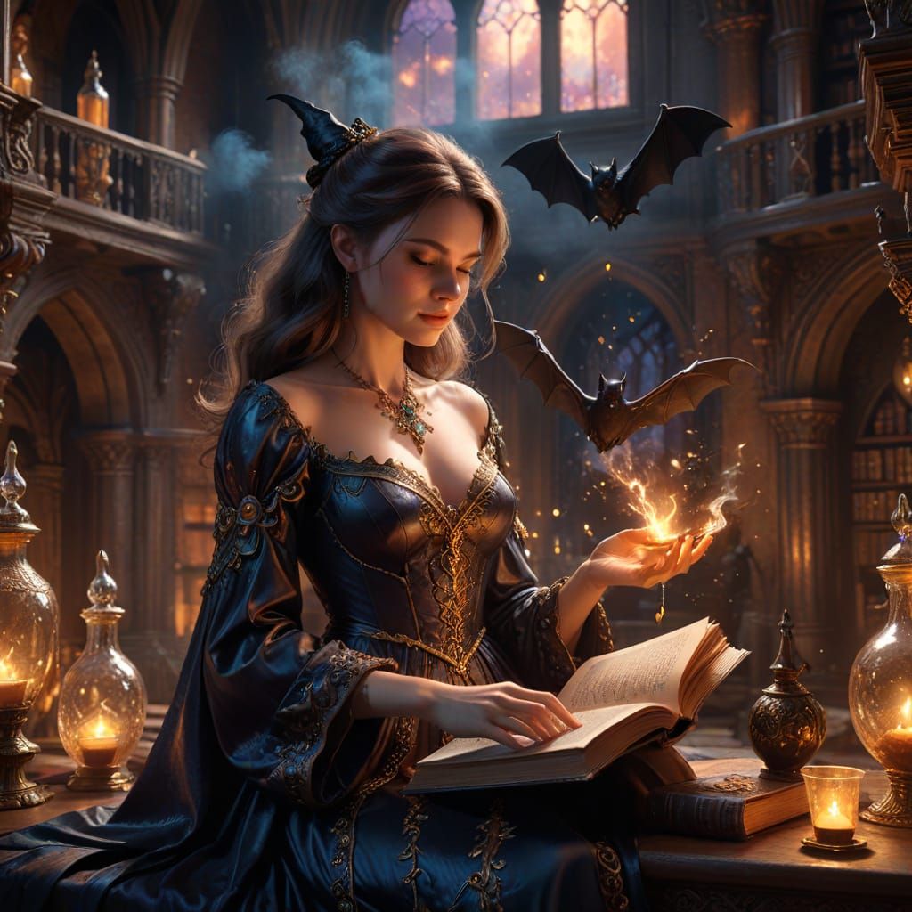 Witch Reading Spell Book in Ornate Castle Study