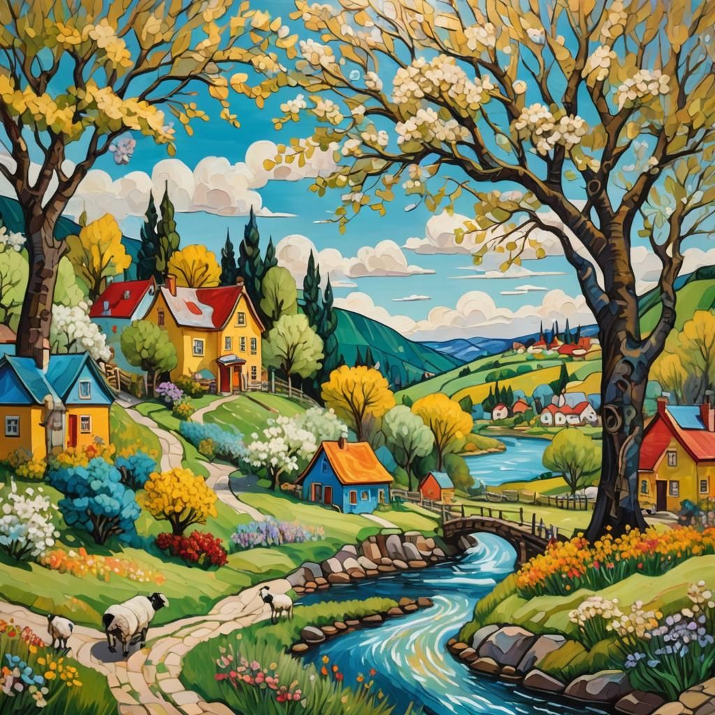 Whimsical Village Scene as Vibrant Oil Painting