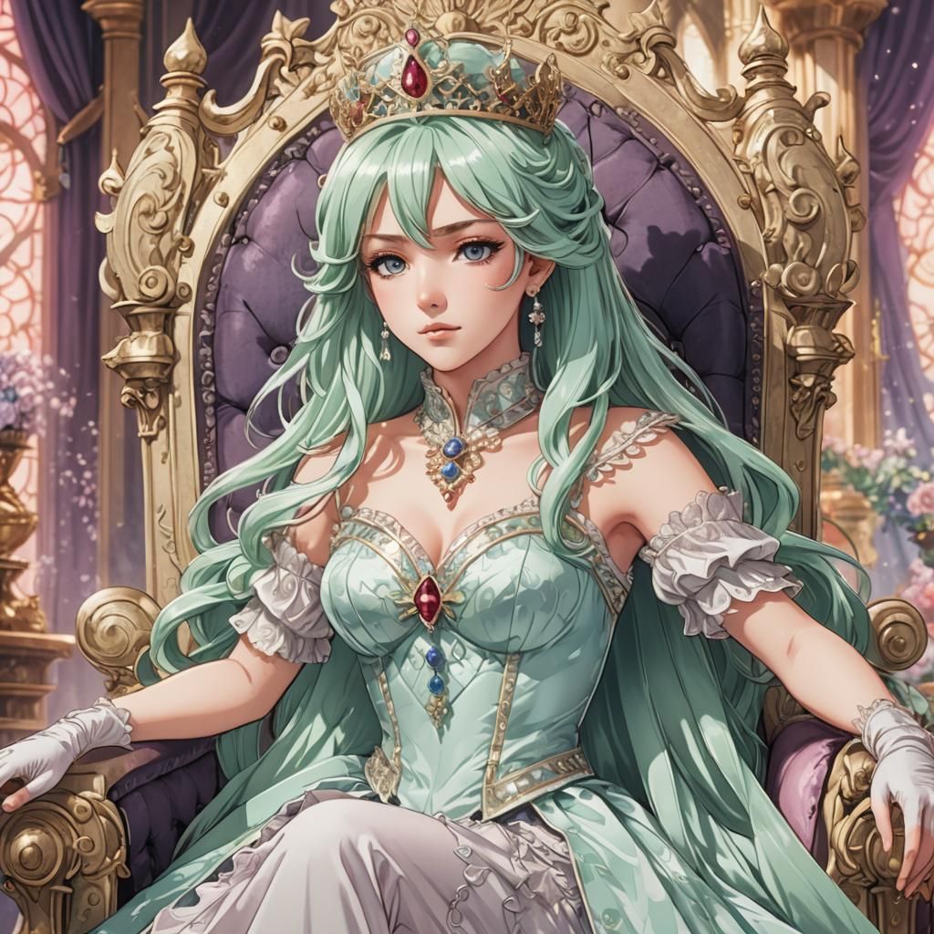 Crowned Princess on Throne in Anime Art Style