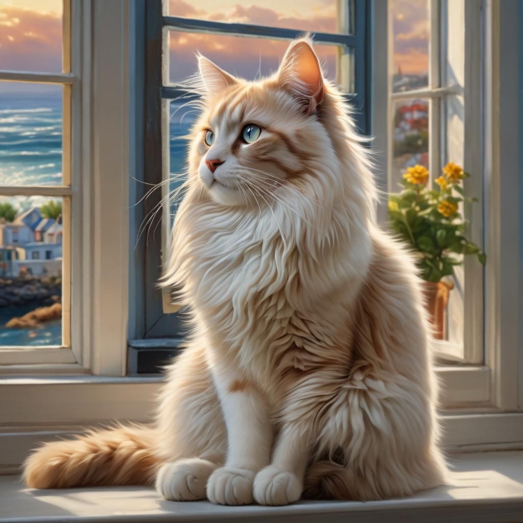 Cute Cat Gazing at Luminous Ocean View