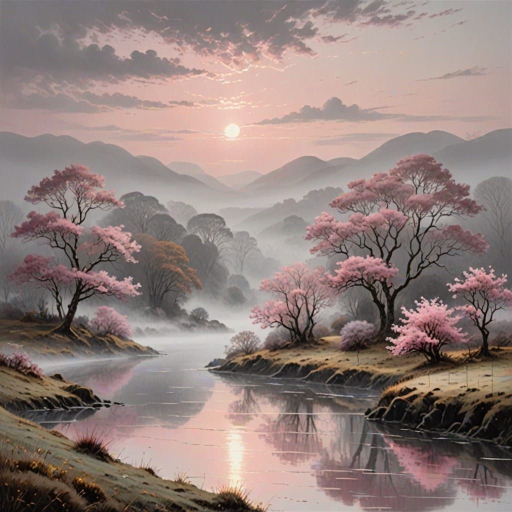 Ethereal Misty Landscape in Silvery Hues