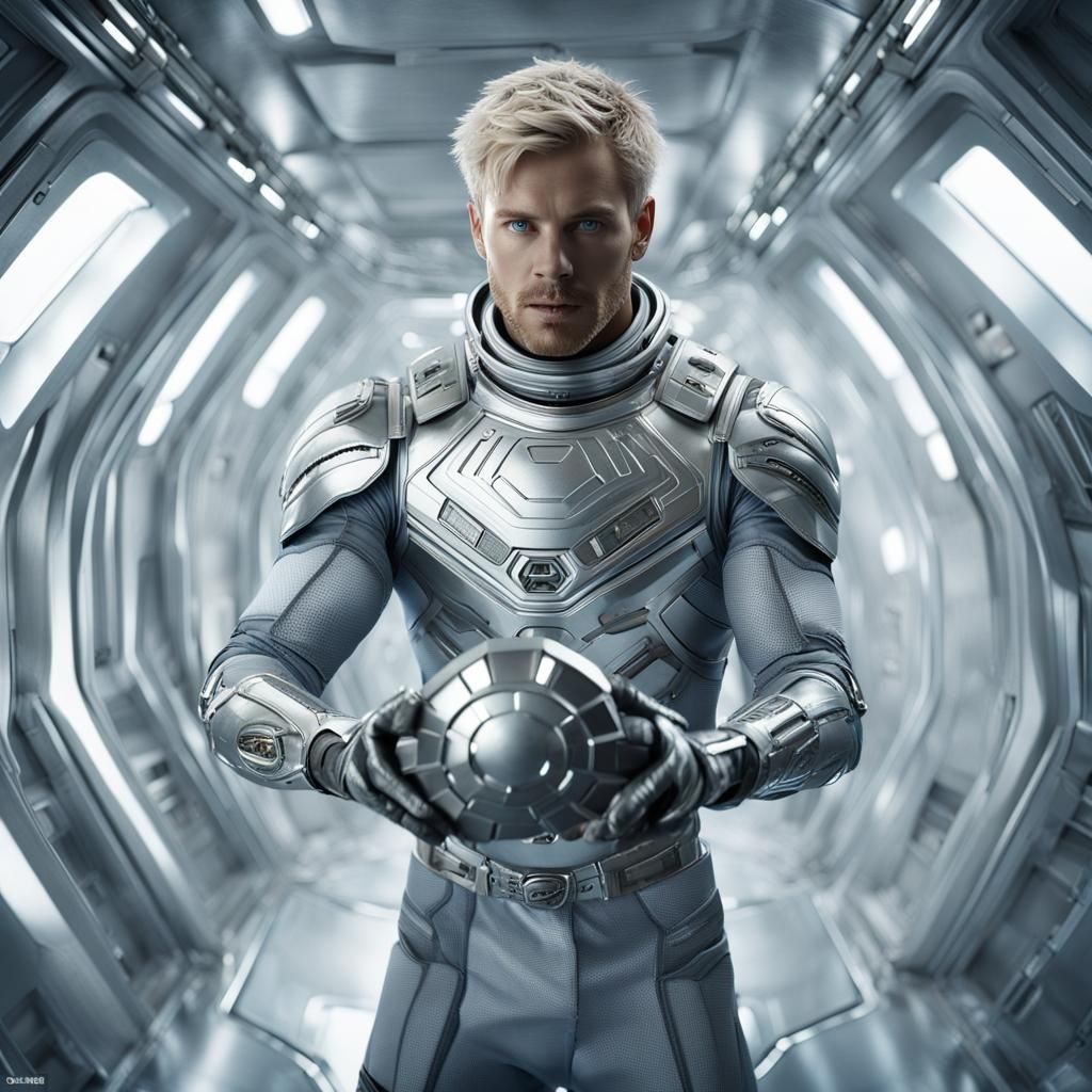 Futuristic Man Suspended in Galactic Spaceship