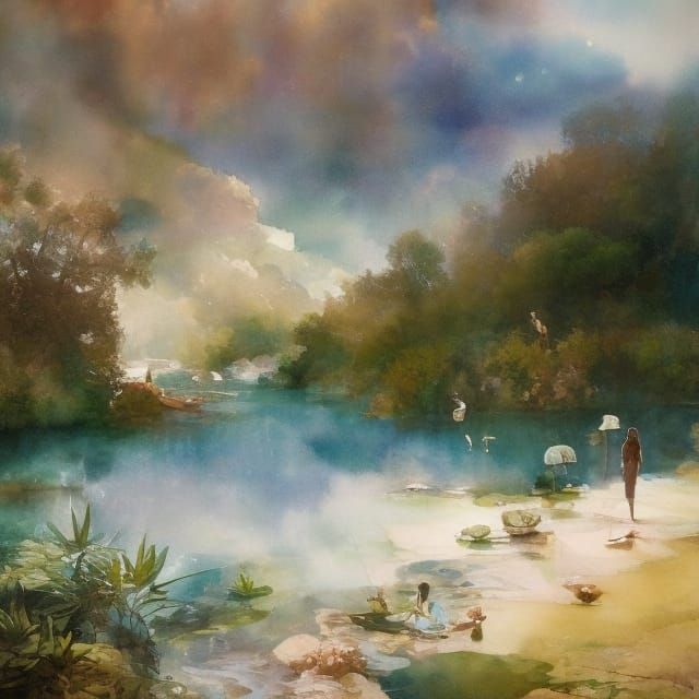 Minimalist Watercolor Summer Oasis in Line Art