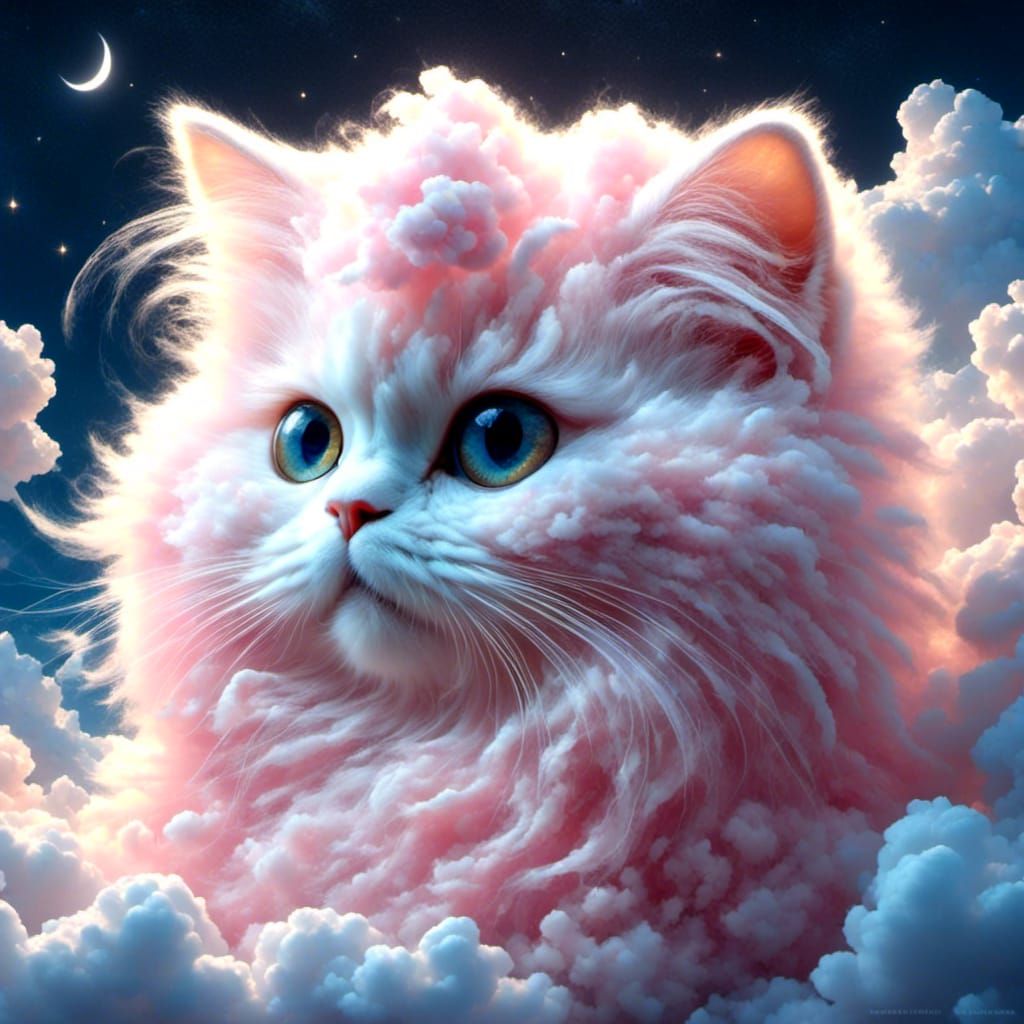Pastel Pink Cloud Cat in Luminist Night Sky