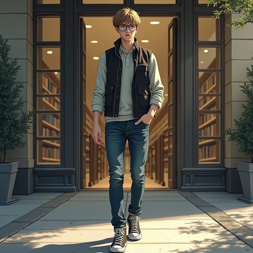 Handsome Man Leaving Library in Moody Lighting