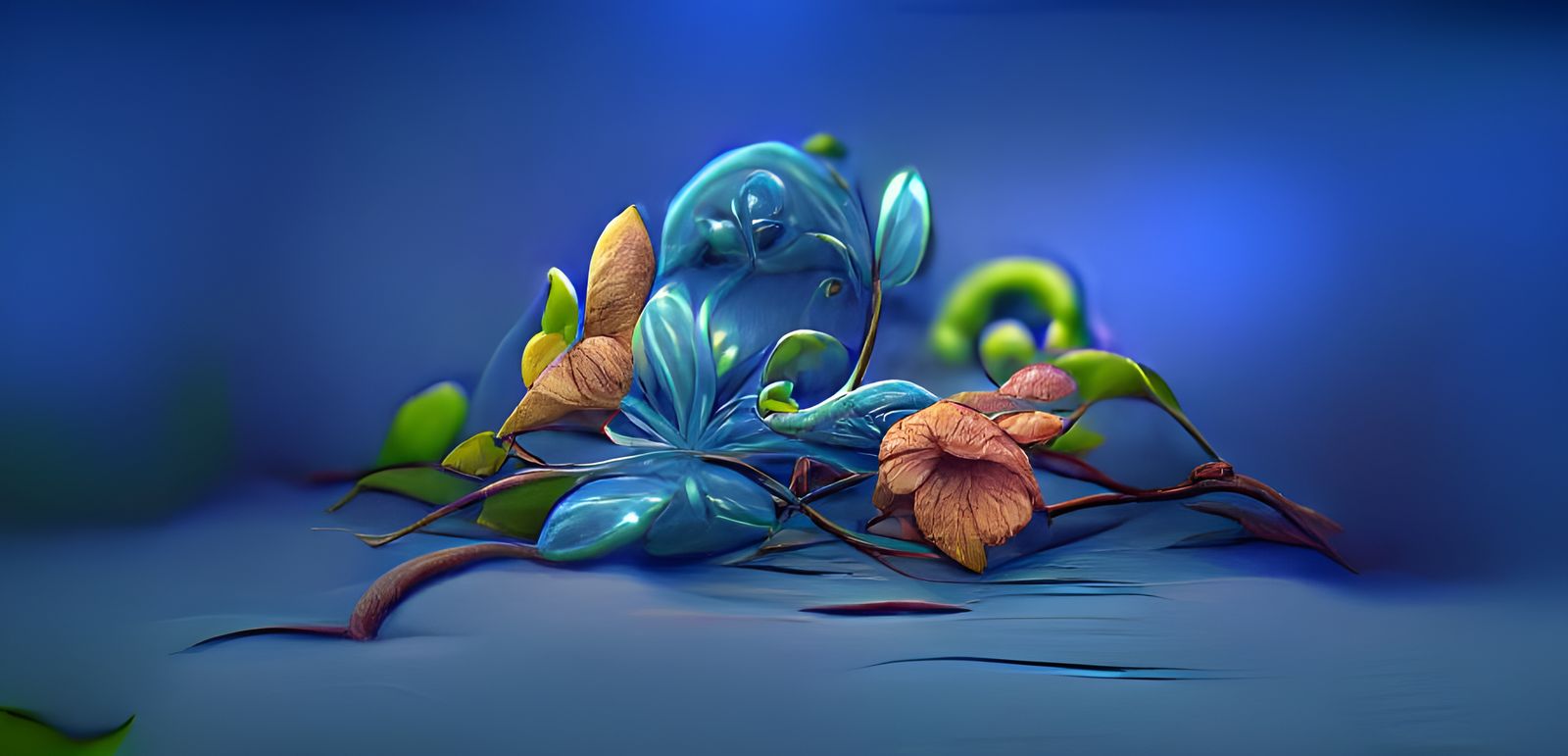 Lush Blue Botanical Scene in Art Nouveau Style