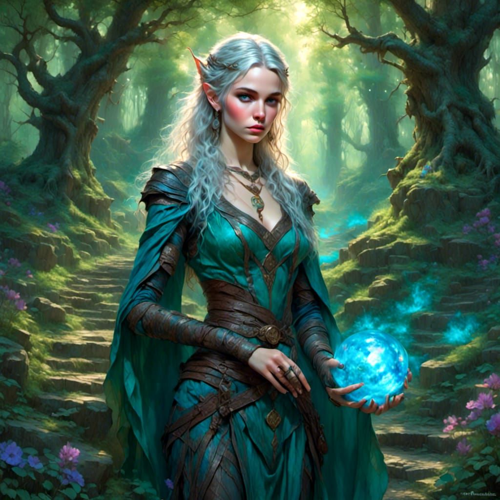 Enchanting Elf Mage Casting Spell in Woodland Glade