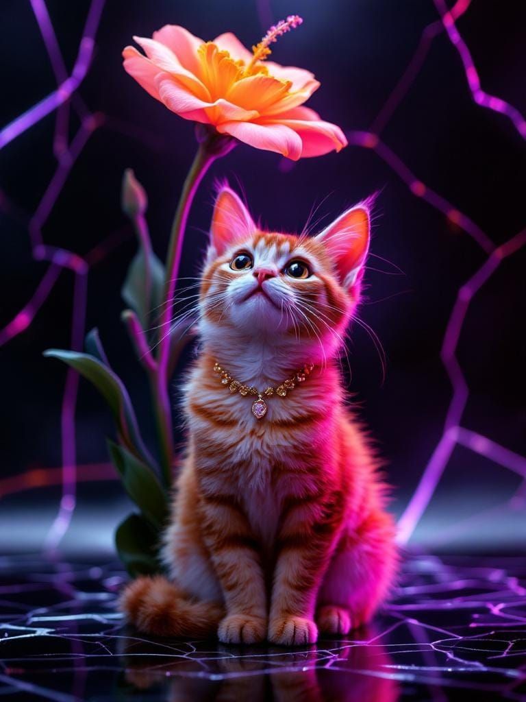 Hyperrealistic Cat Under Flower in Barbiecore Style