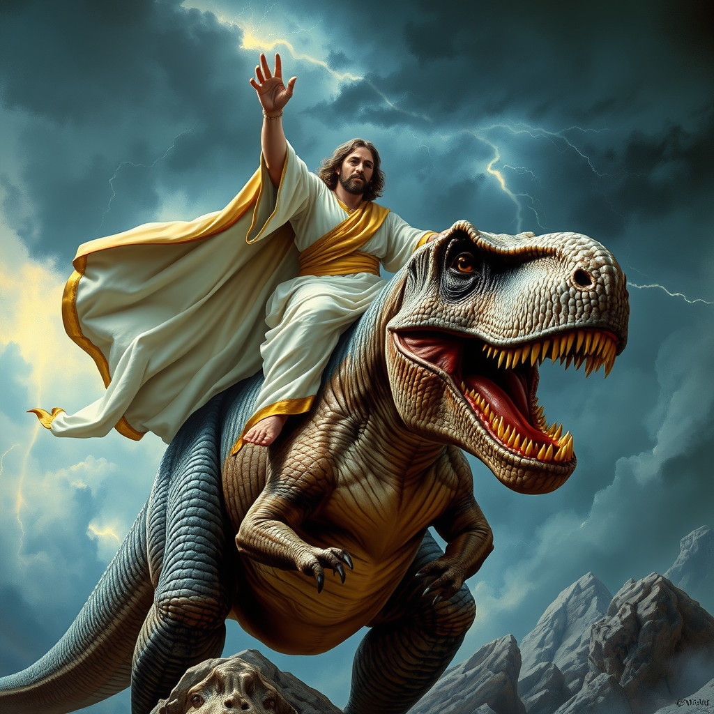 Jesus Riding a T-Rex in Fantasy Art Style