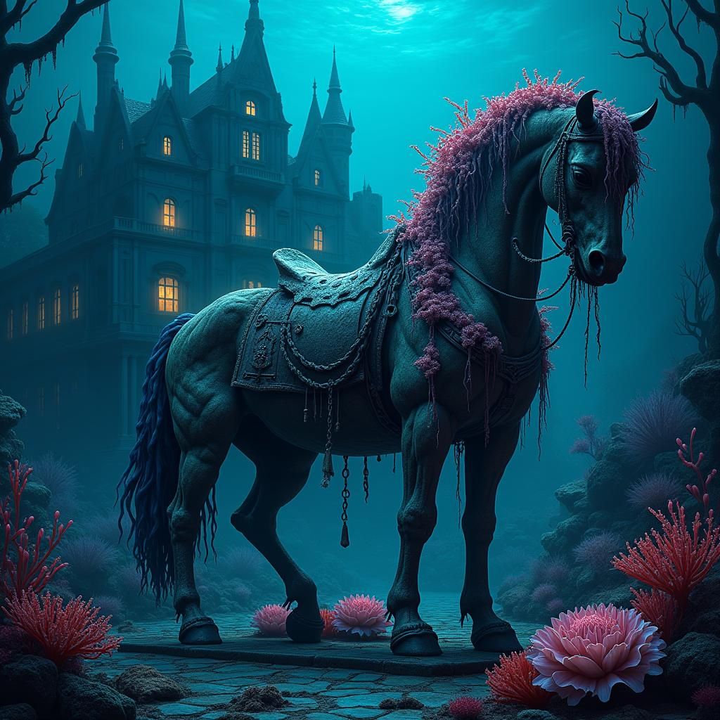 Underwater Mansion of Horror with Headless Horse Statue