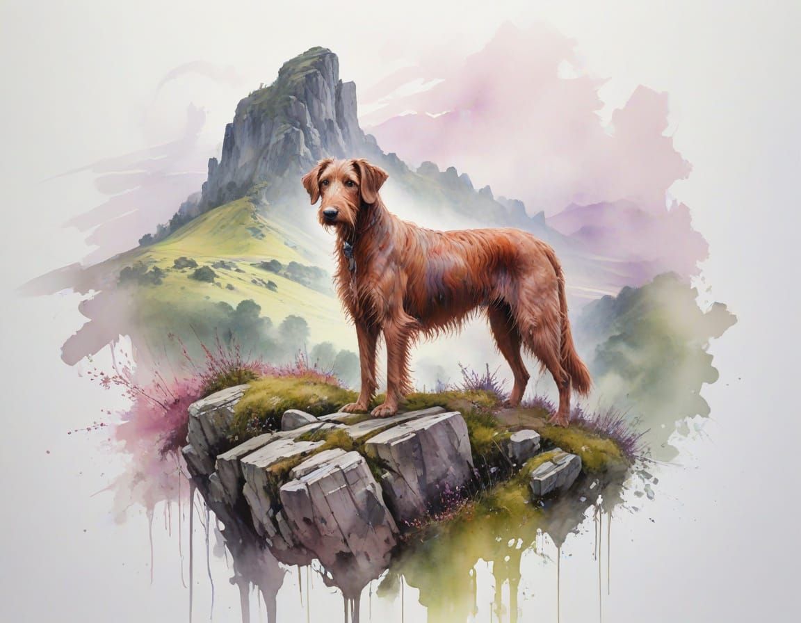 Highland Stalker and Deerhound in Misty Glen Watercolour