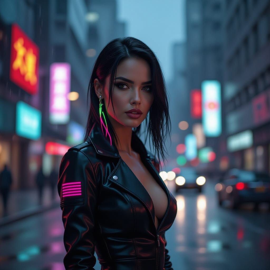 Cyberpunk Woman on Neon City Street