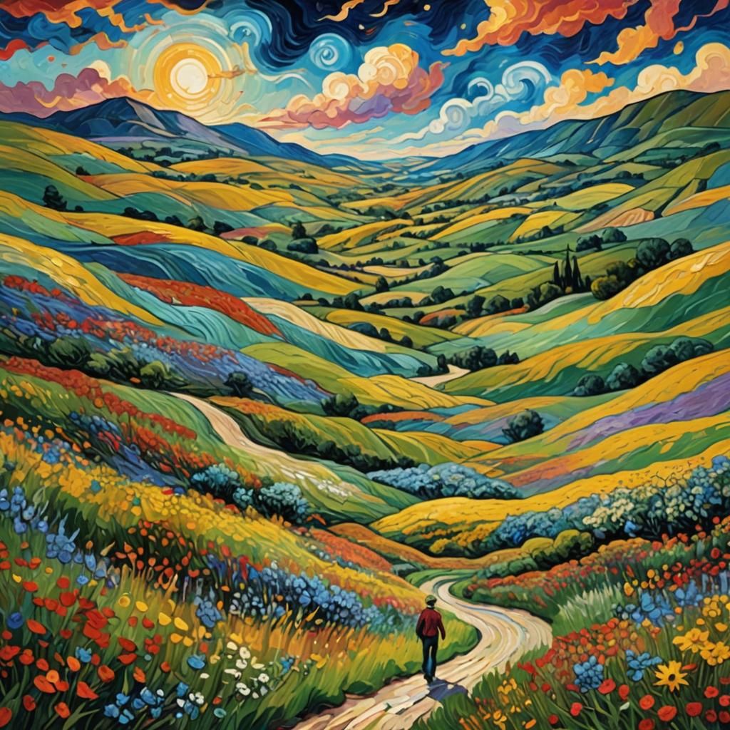 Surreal Landscape with Van Gogh-Inspired Sky