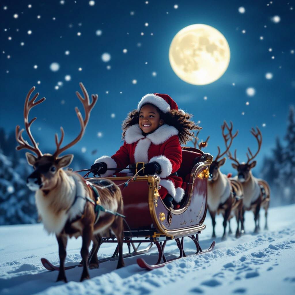Joyful Girl Flies with Santa Claus on Sleigh Under Bright Mo...