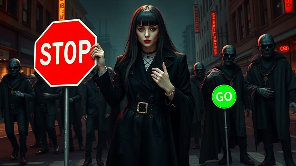 Goth Woman with Signs in Surrealist Scene