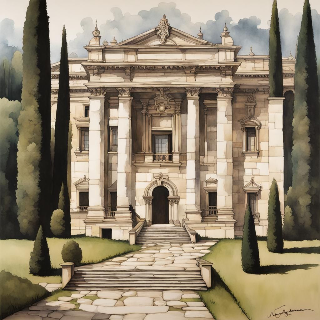 Italian Palace in Modern European Ink Painting