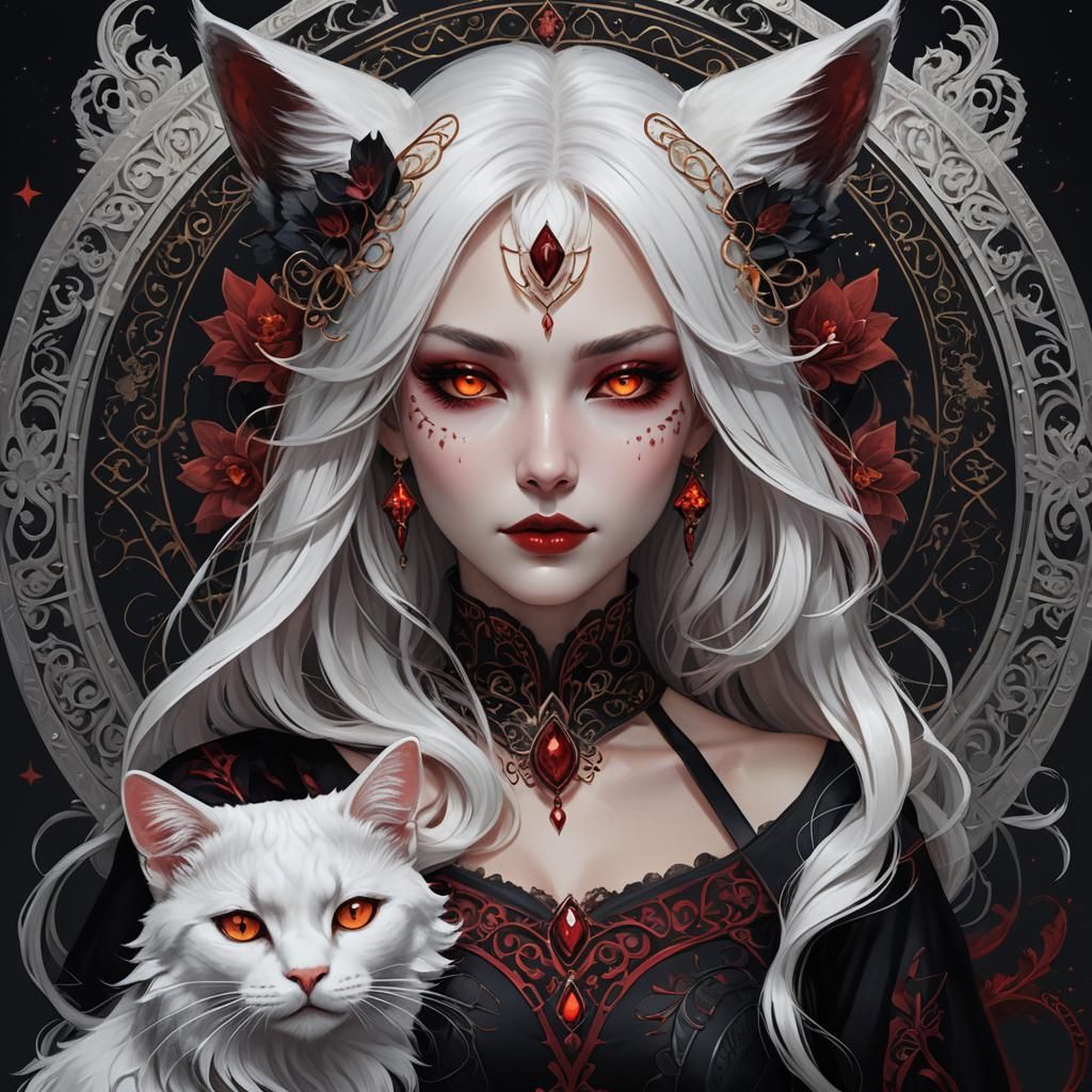 Mystical White-Haired Cat Woman in Crimson Realm