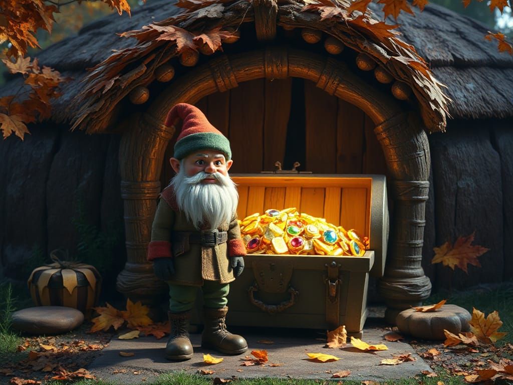 Gnome and Treasure Chest in Autumn Landscape