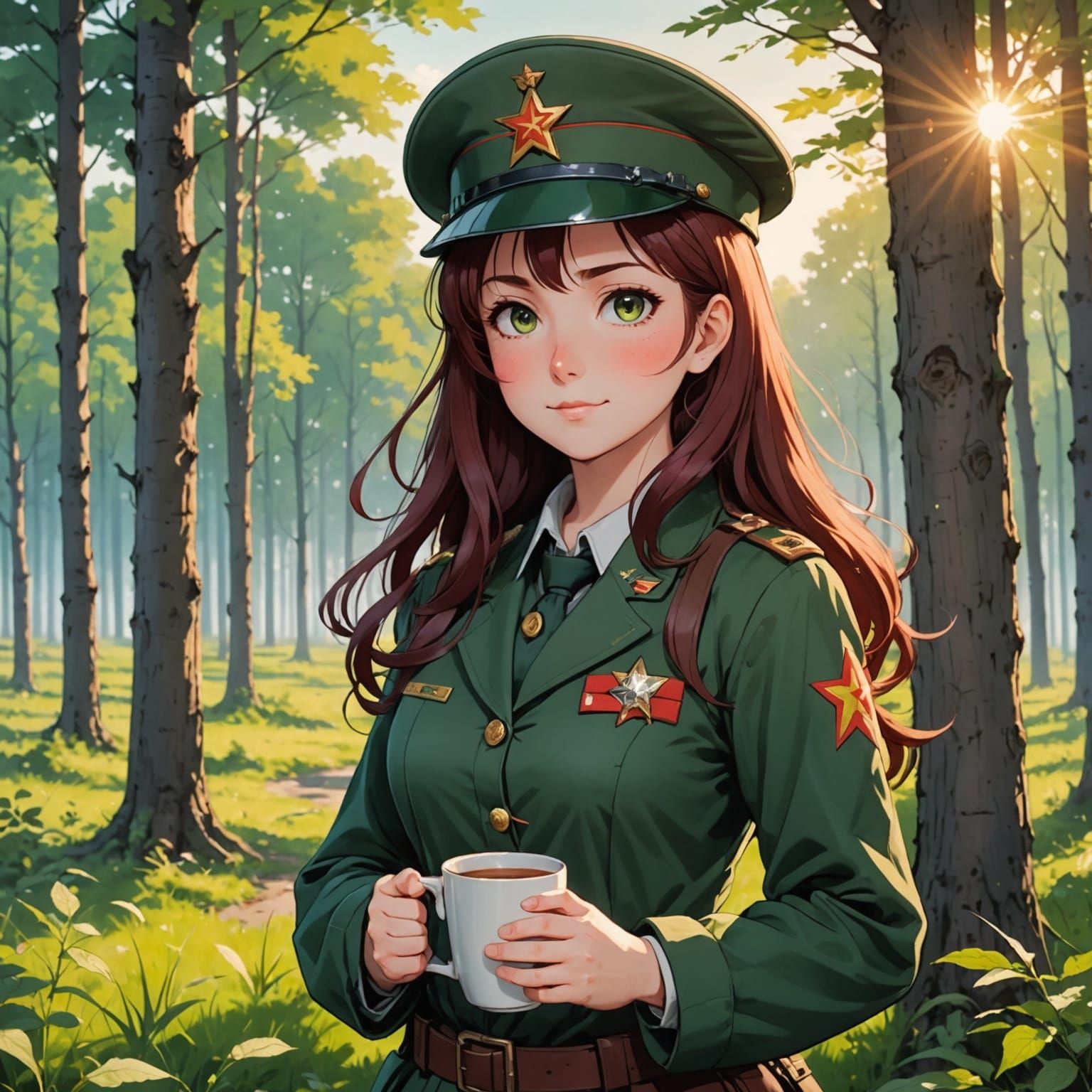 Soviet Anime Girl with Curvy Body and Tea in the Forest