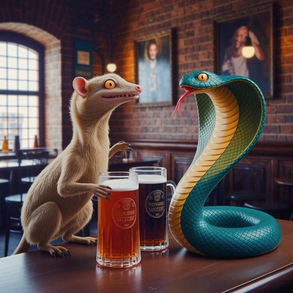 Mongoose and Cobra Friends Laughing in a British Pub
