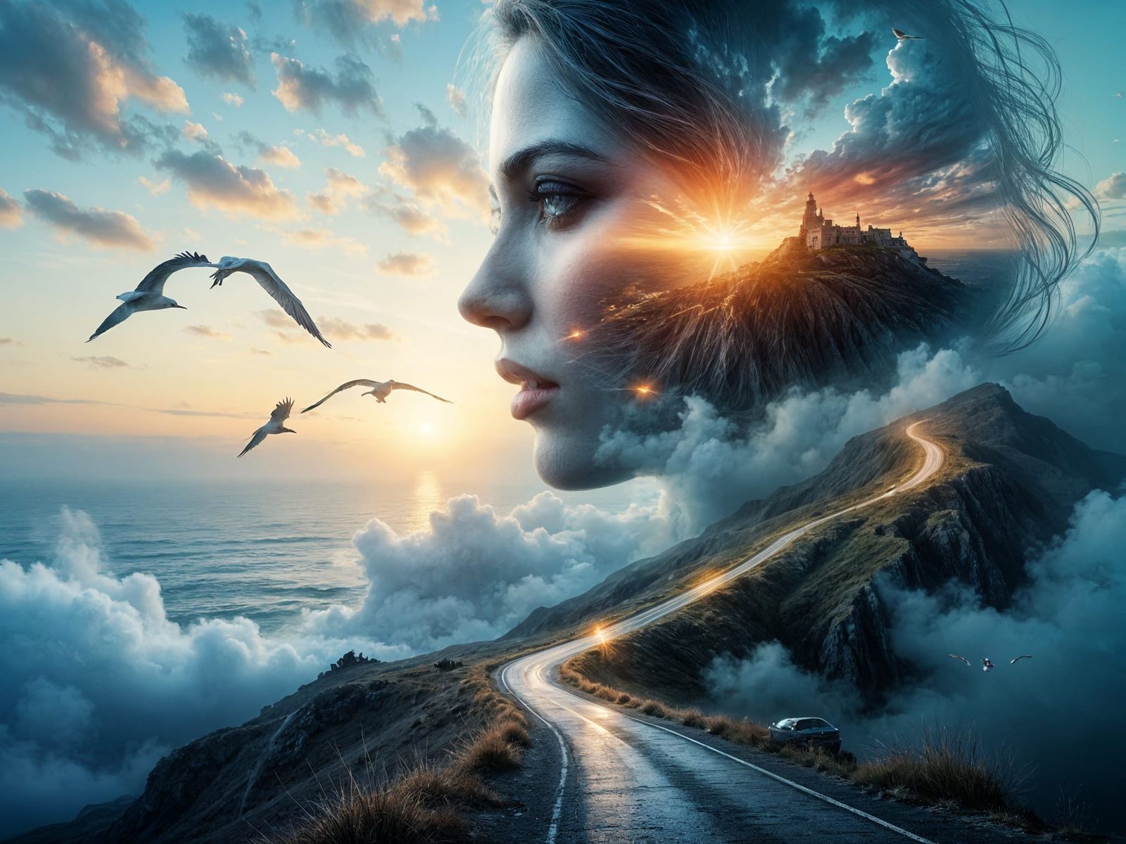 Double Exposure: Face, Ocean, Sky, and Birds