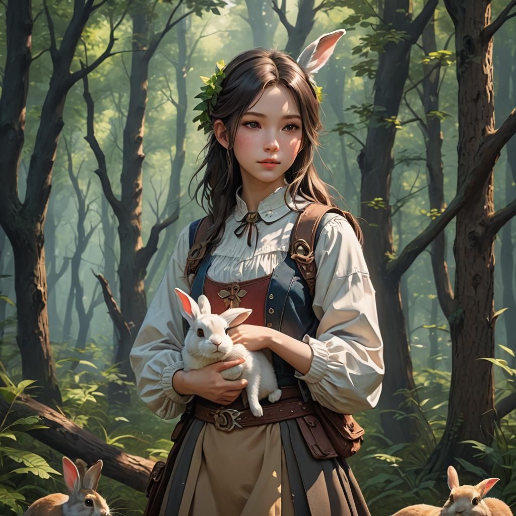 Woman Holding Rabbit in Forest, Anime Style