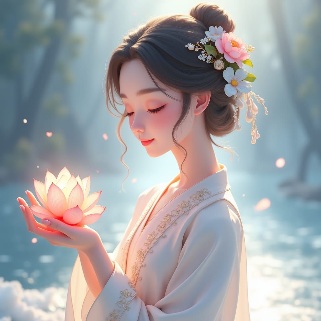 Serene Maiden Offers Crystal Lotus in Ethereal Glow