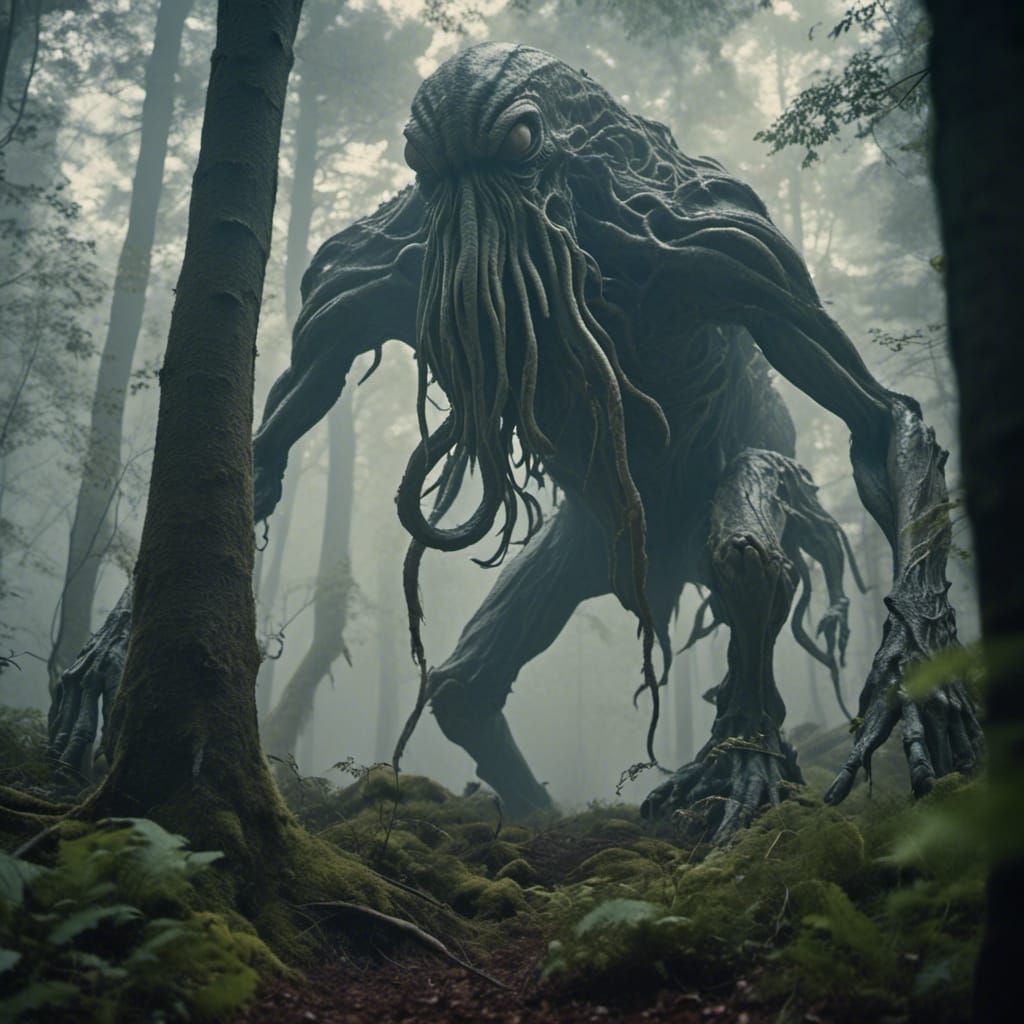 Monstrous Creature in Misty Woodland, Film Noir Style