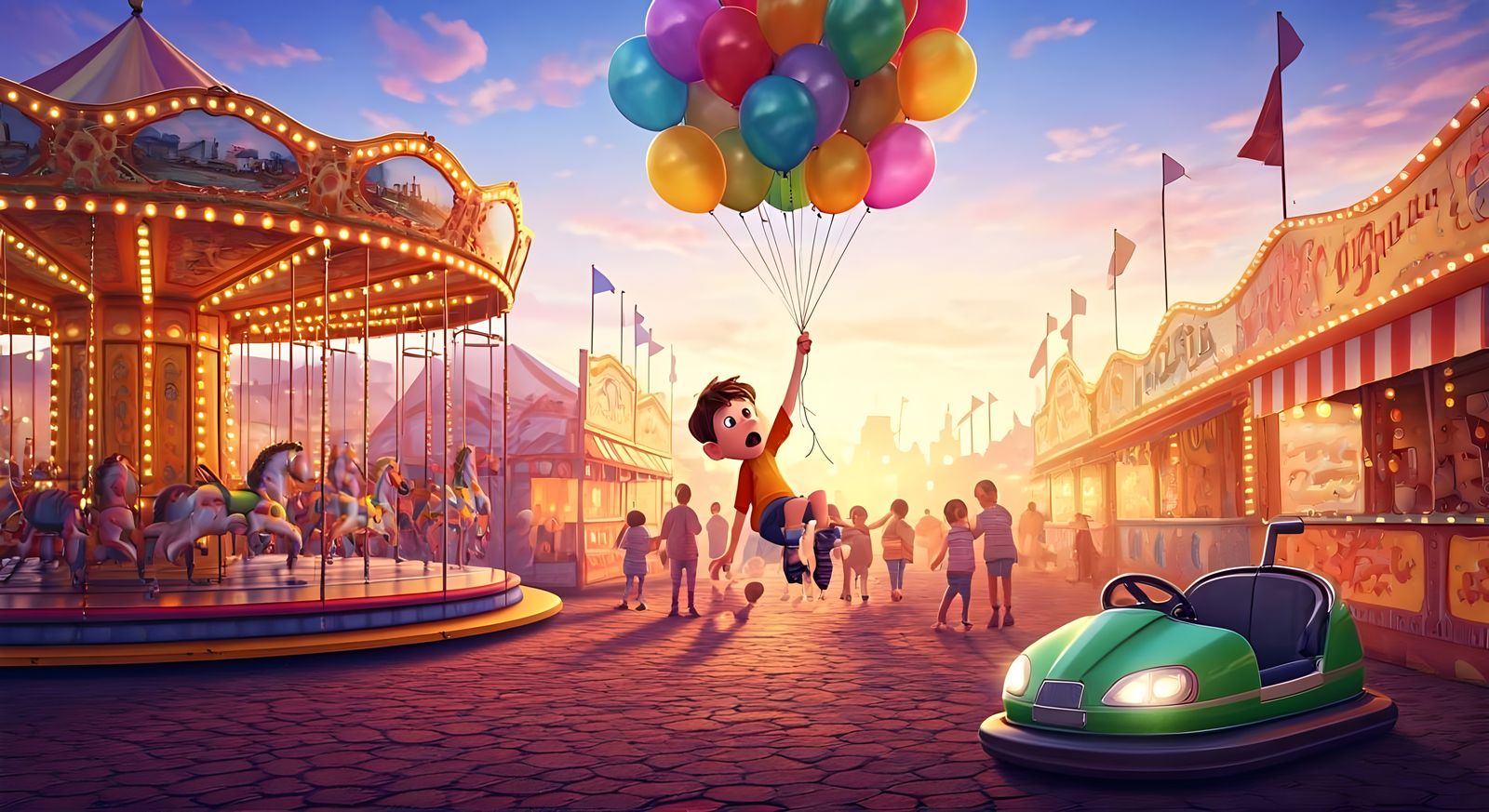 Frightened Boy Over Fairground: Pixar-Style 3D Cartoon