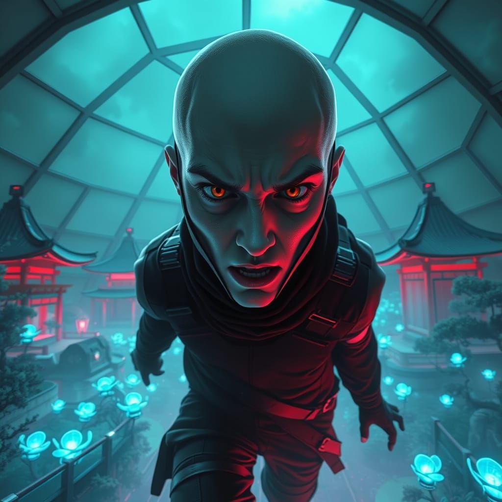 Distressed Albino Cyberninja in Japanese Garden Nightmare