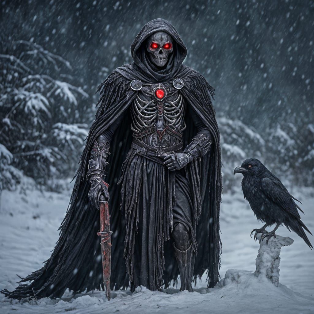 Ashen Skeleton God with Raven in Snow