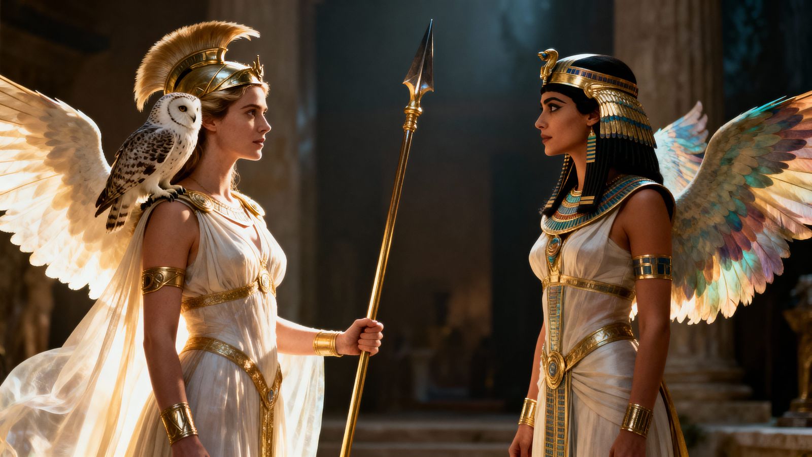 Athena and Isis Divine Encounter Photorealistic Cinematic