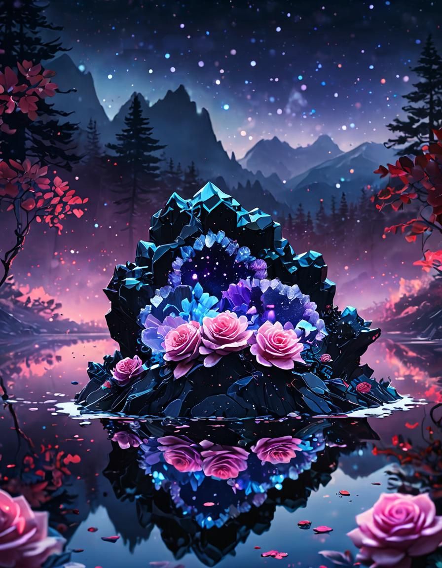 Holographic Crystal Geode on Reflective Lake