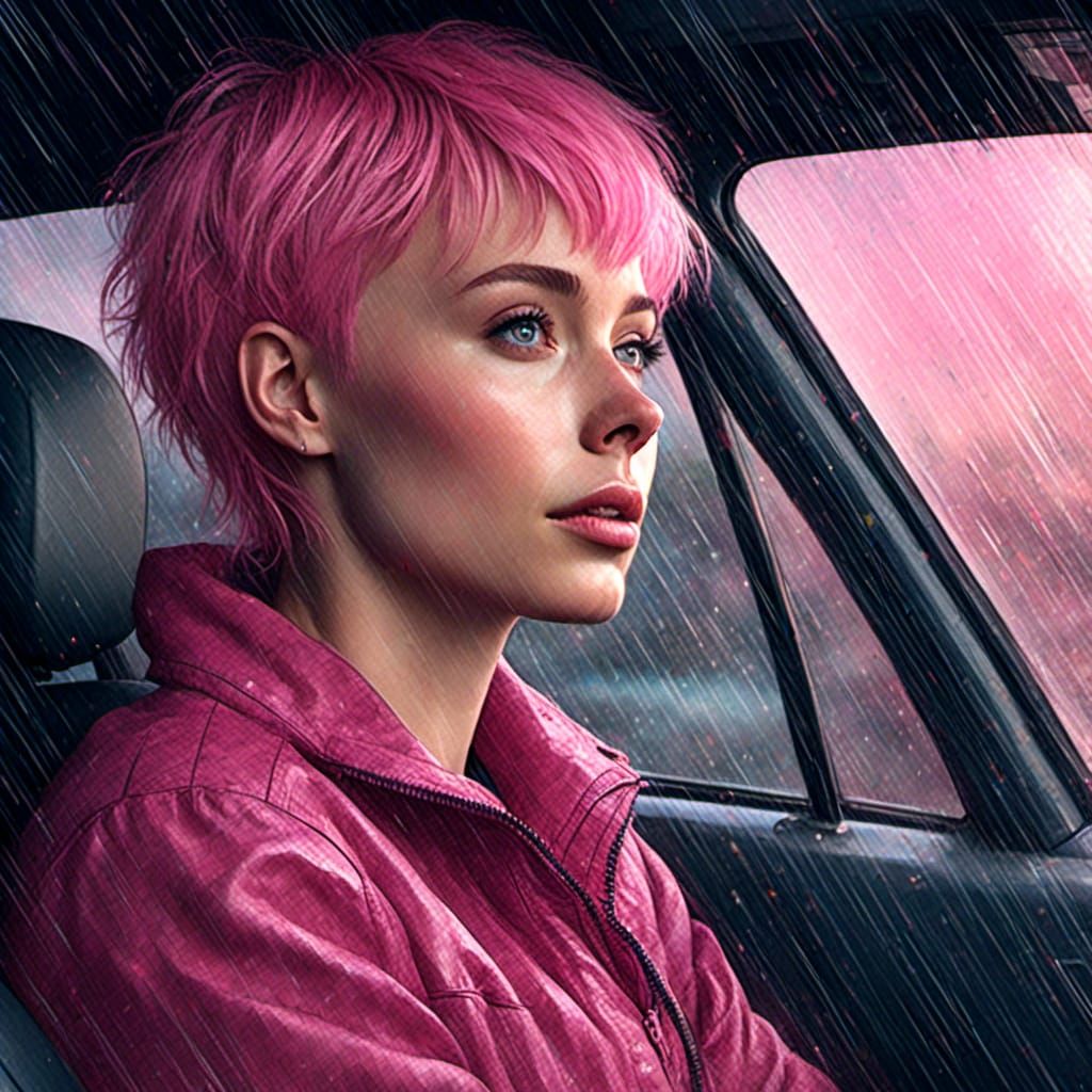Mosaic Portrait of Pink-Haired Woman Driving in Rain
