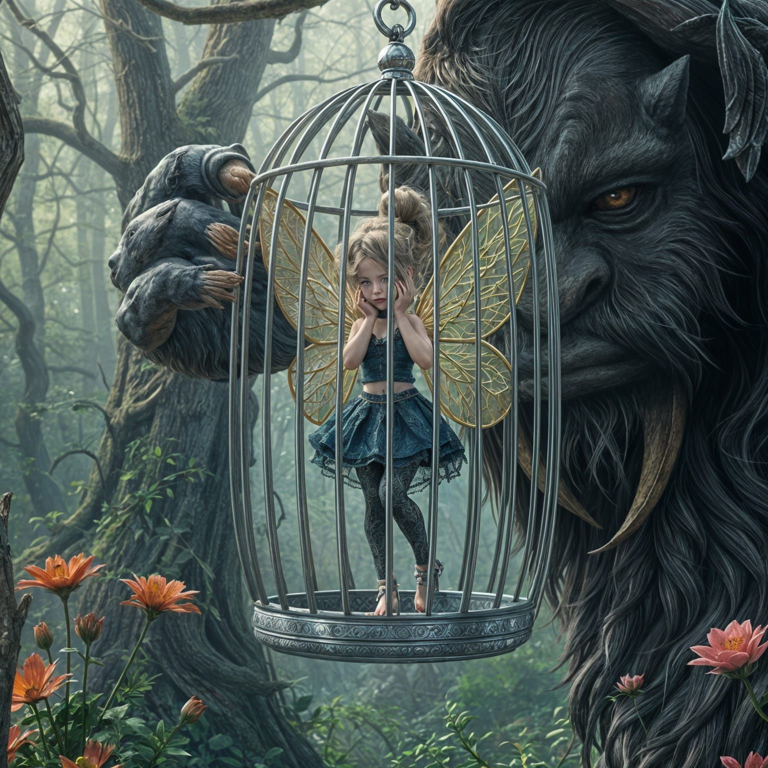 Caged Fairy Carried By Troll: Digital Illustration