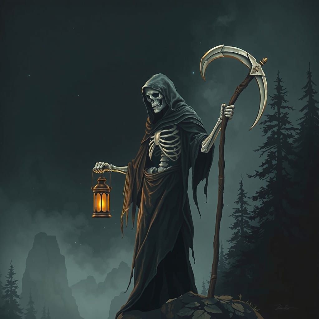 The Hermit Tarot Card: Grim Reaper in a Mystic Forest
