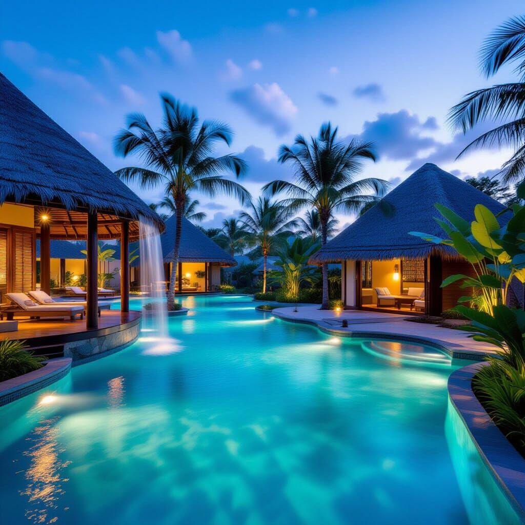 Tropical Pool with Night Illumination and Bungalows