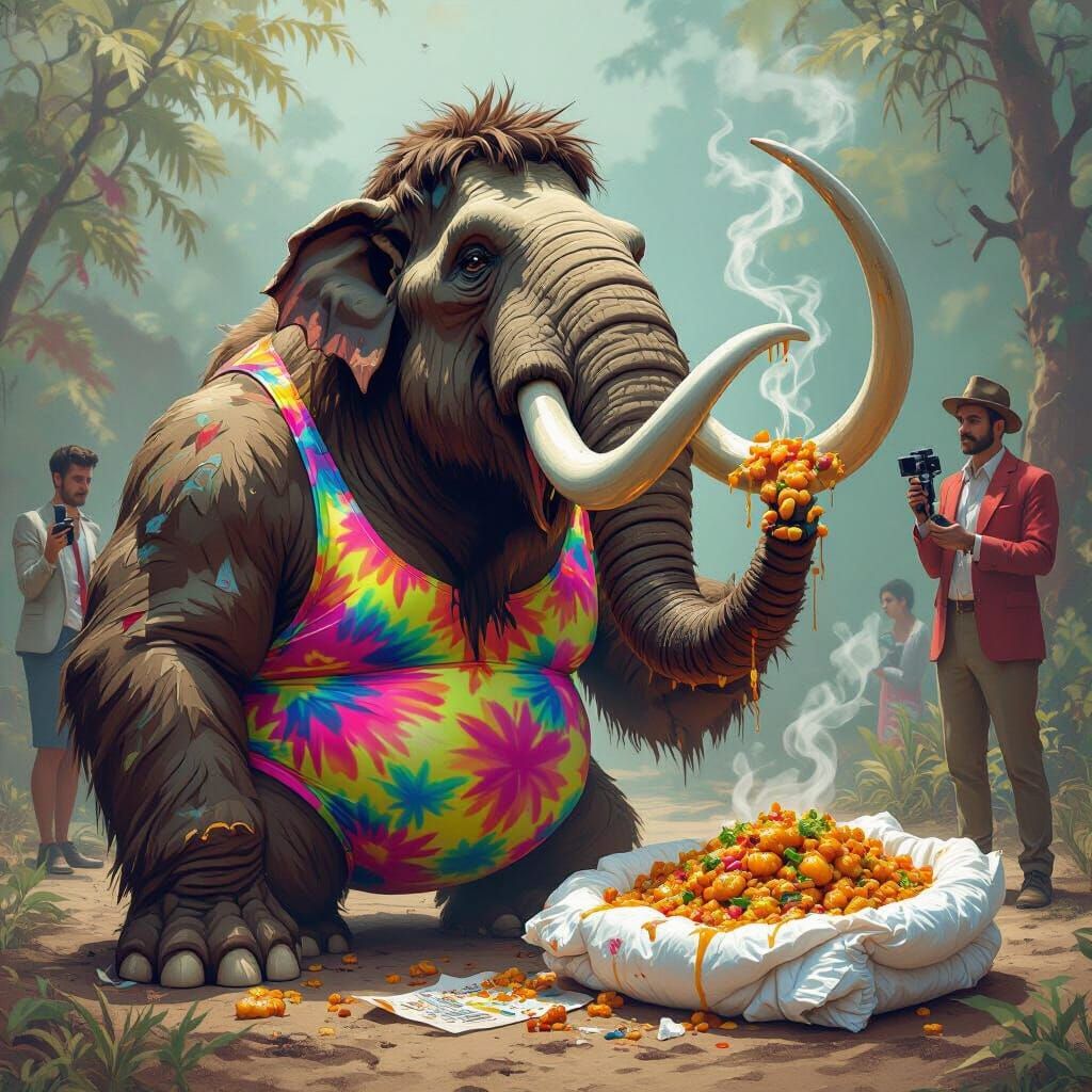 Mammoth in Tie-Dye Suit Devours the Pledge
