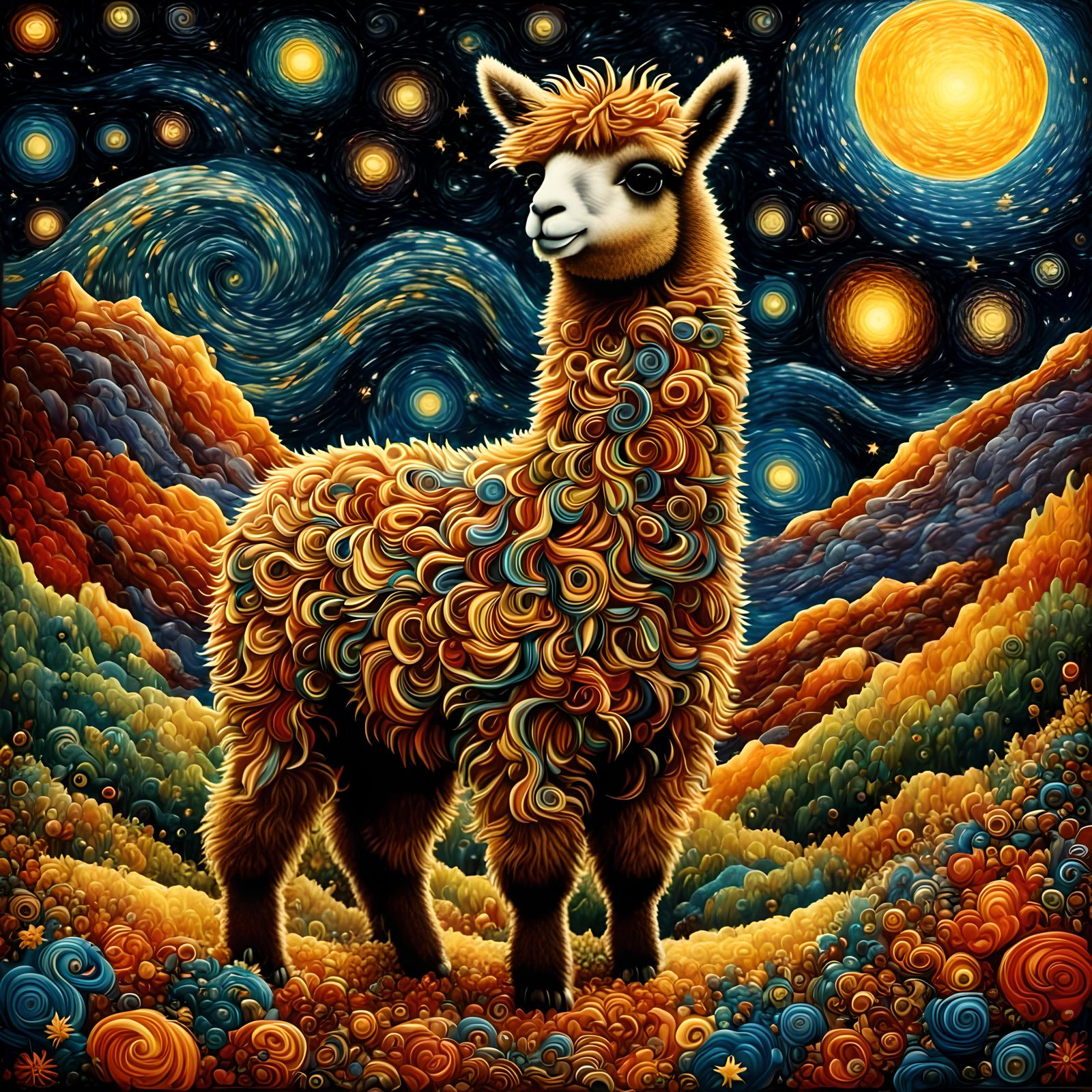 Magical Retro Alpaca in Starry Night Landscape