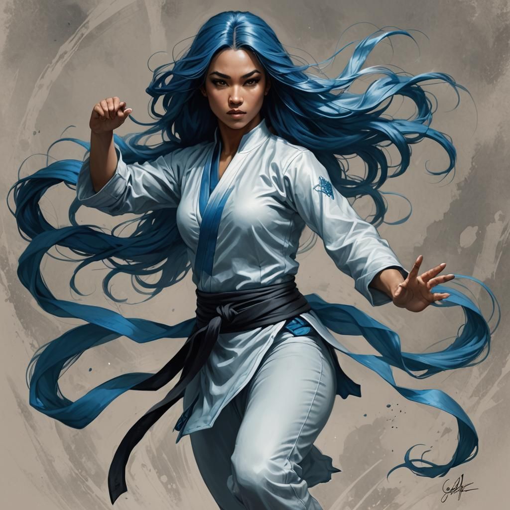 Female Martial Artist with Flowing Blue Hair