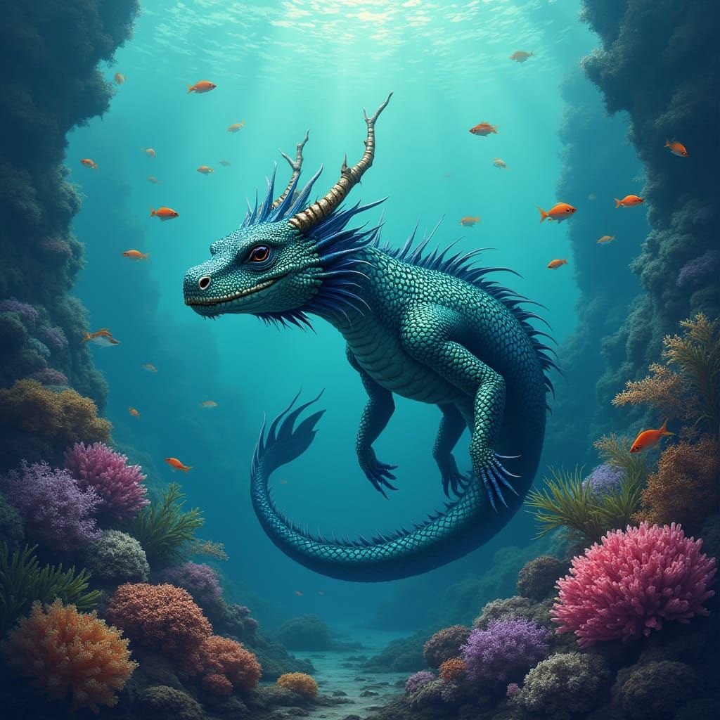 Iridescent Water Dragon Swimming in Coral Reef